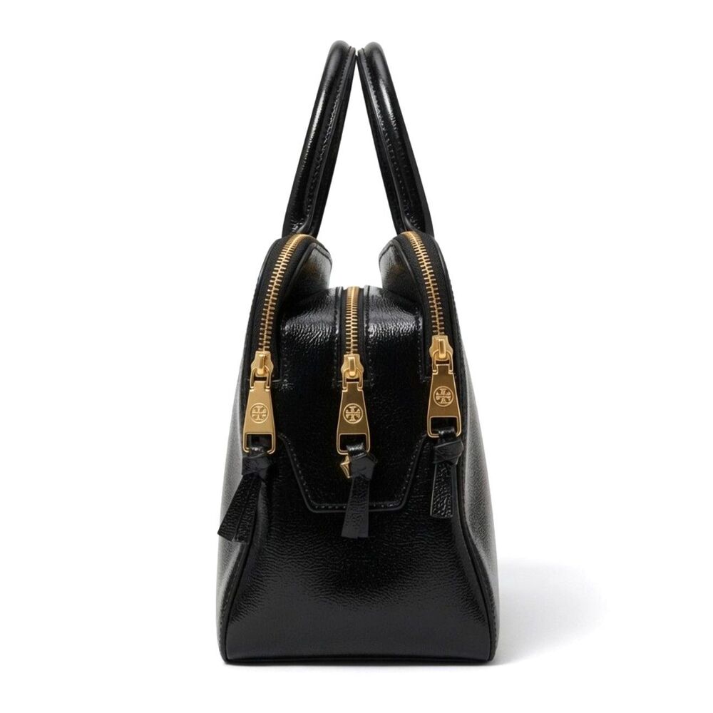 Tory Burch Thea Patent Tripple Zipper Quiet Luxury Black Embossed Logo Satchel - Picture 3 of 9